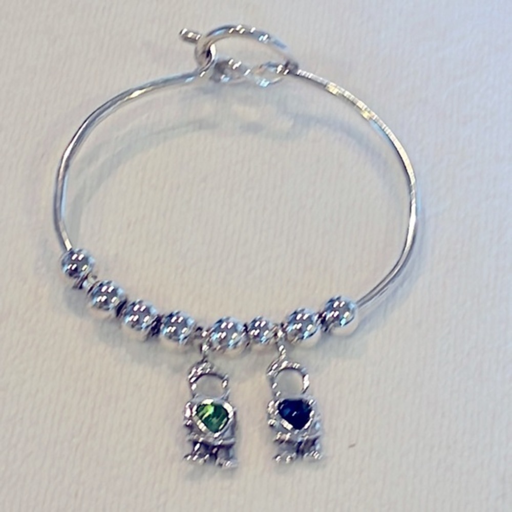 Sterling silver ball 925 bangle two little boys blue green stones